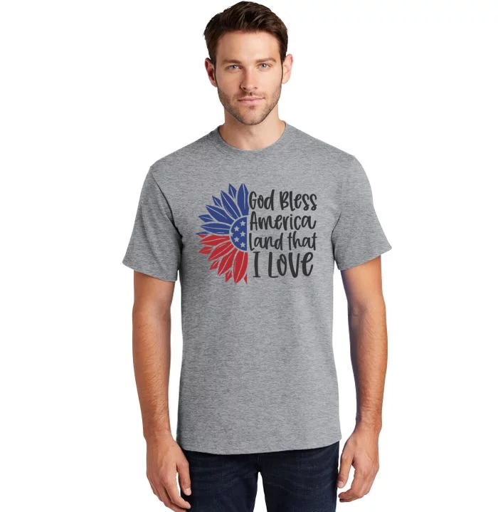 4th Of July God Bless America Sunflower Usa Flag Patriotic Gift Tall T-Shirt