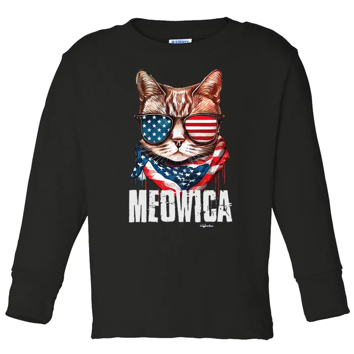 4th Of July Meowica American Flag Cat Toddler Long Sleeve Shirt