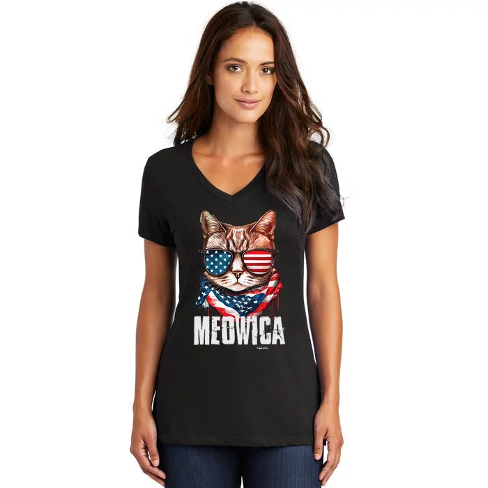 4th Of July Meowica American Flag Cat Women's V-Neck T-Shirt