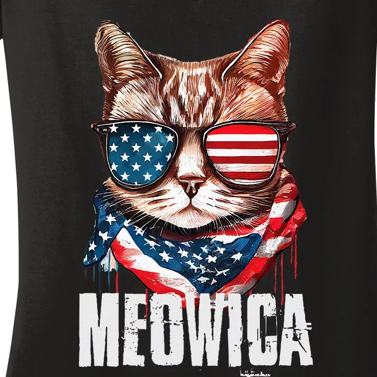 4th Of July Meowica American Flag Cat Women's V-Neck T-Shirt