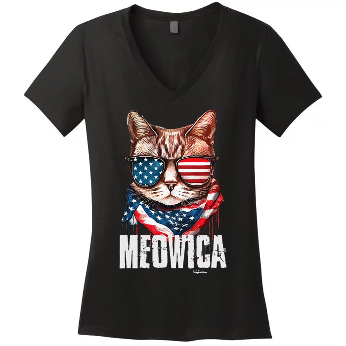 4th Of July Meowica American Flag Cat Women's V-Neck T-Shirt