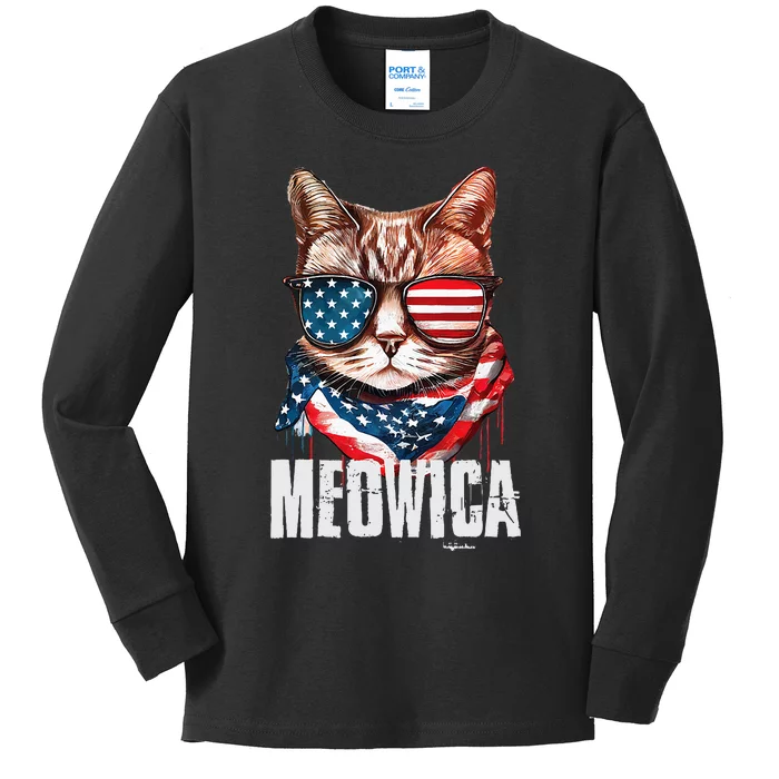 4th Of July Meowica American Flag Cat Kids Long Sleeve Shirt