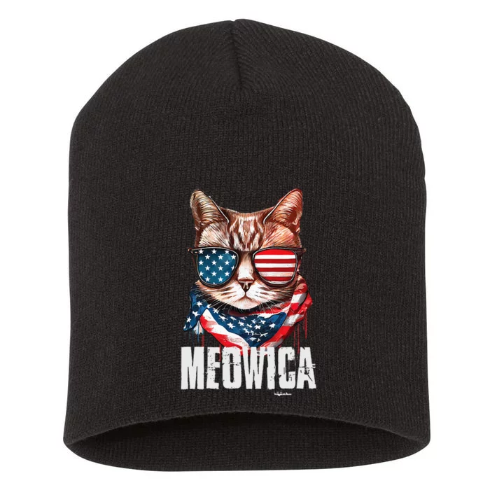 4th Of July Meowica American Flag Cat Short Acrylic Beanie