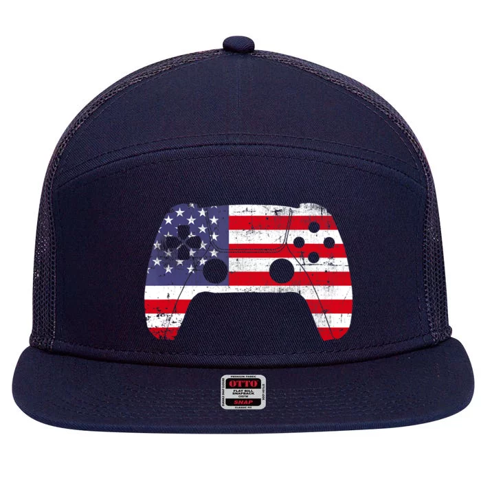 4th Of July Video Game Gamer Boy USA Flag 7 Panel Mesh Trucker Snapback Hat