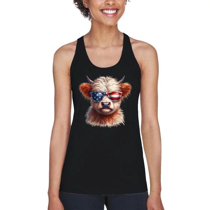 4th Of July Cute Highland Cow Us Flag Fourth Of July Independence Day Gift Women's Racerback Tank