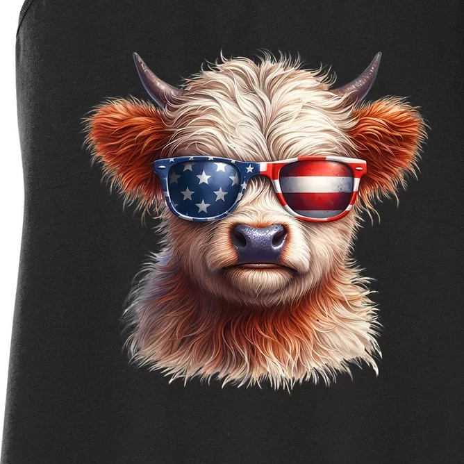 4th Of July Cute Highland Cow Us Flag Fourth Of July Independence Day Gift Women's Racerback Tank