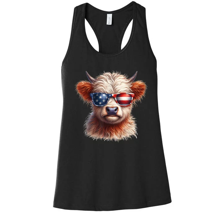 4th Of July Cute Highland Cow Us Flag Fourth Of July Independence Day Gift Women's Racerback Tank