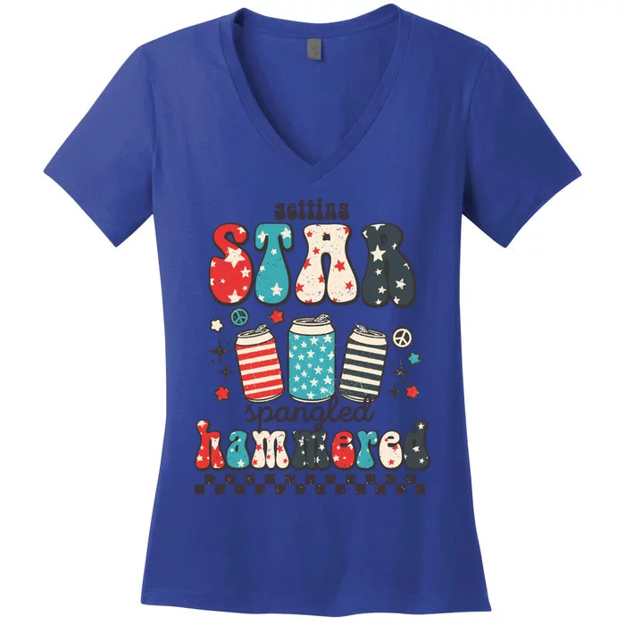 4th Of July Groovy Getting Star Spangled Hammered Beer Funny Gift Women's V-Neck T-Shirt