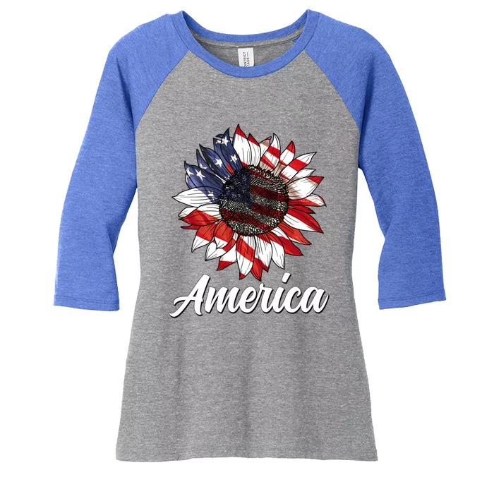 4th Of July Sunflower America Usa Flag American Patriotic Cool Gift Women's Tri-Blend 3/4-Sleeve Raglan Shirt