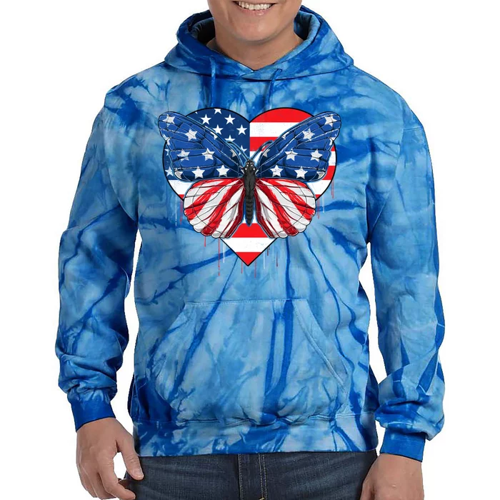 4th Of July Butterflies Heart American Flag Patriotic Usa Gift Tie Dye Hoodie