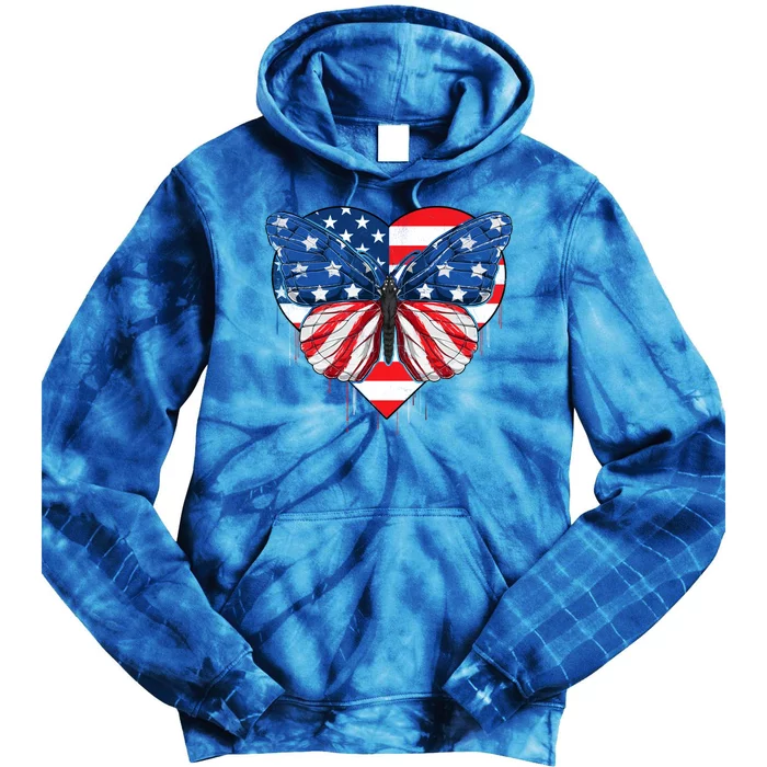 4th Of July Butterflies Heart American Flag Patriotic Usa Gift Tie Dye Hoodie