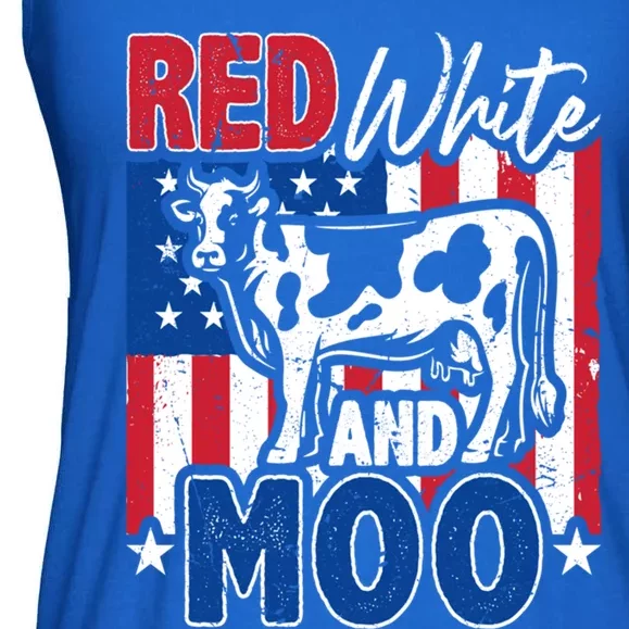 4th Of July Us Flag Red White Moo Farmer Cow Meaningful Gift Ladies Essential Flowy Tank