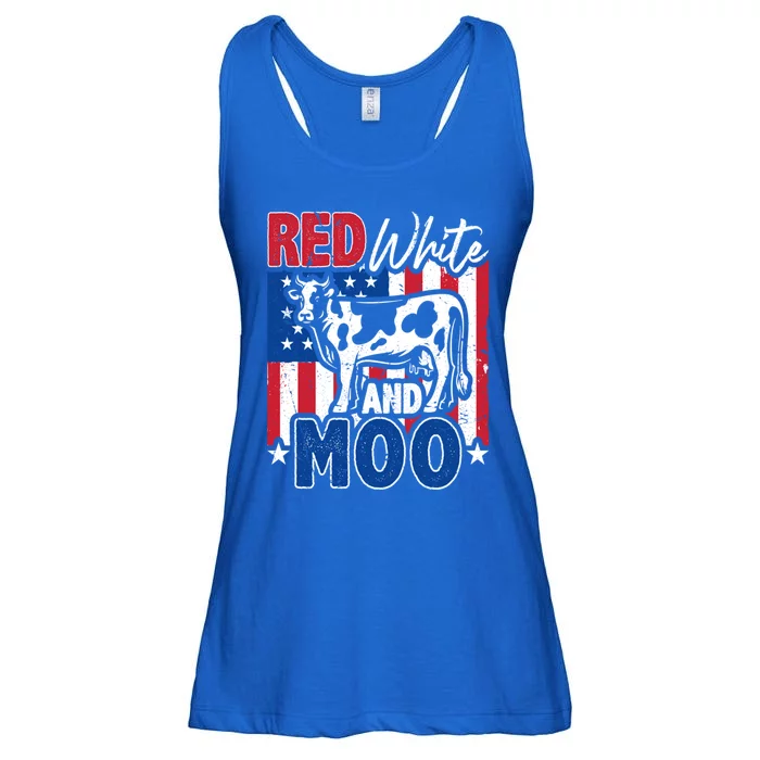 4th Of July Us Flag Red White Moo Farmer Cow Meaningful Gift Ladies Essential Flowy Tank