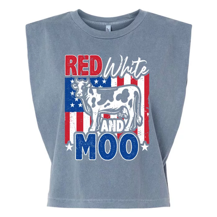 4th Of July Us Flag Red White Moo Farmer Cow Meaningful Gift Garment-Dyed Women's Muscle Tee