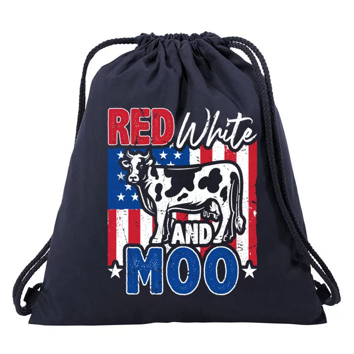 4th Of July Us Flag Red White Moo Farmer Cow Meaningful Gift Drawstring Bag