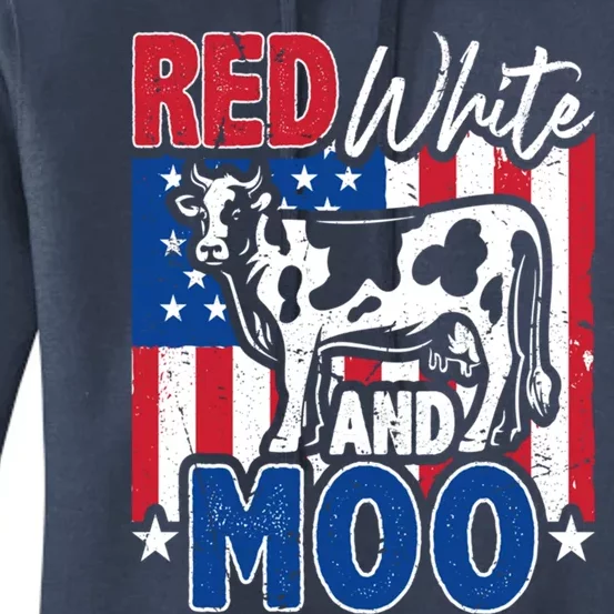 4th Of July Us Flag Red White Moo Farmer Cow Meaningful Gift Women's Pullover Hoodie