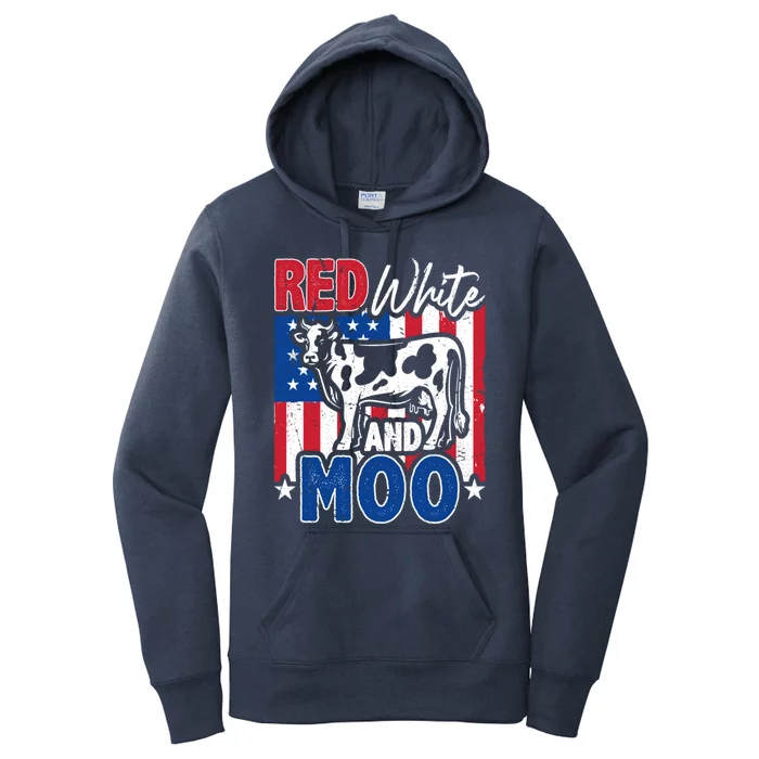 4th Of July Us Flag Red White Moo Farmer Cow Meaningful Gift Women's Pullover Hoodie