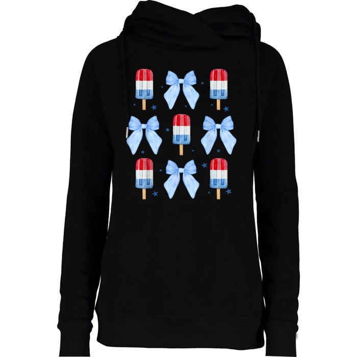 4th Of July Cute Popsicle Bows Patriotic Womens Funnel Neck Pullover Hood