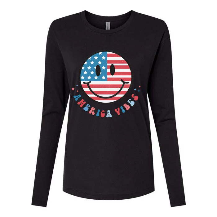 4th Of July 60s 70s Retro Happy Face America Vibes Quote Gift Womens Cotton Relaxed Long Sleeve T-Shirt