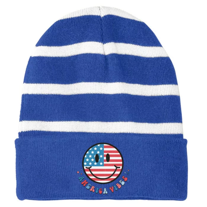 4th Of July 60s 70s Retro Happy Face America Vibes Quote Gift Striped Beanie with Solid Band