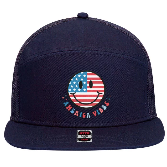 4th Of July 60s 70s Retro Happy Face America Vibes Quote Gift 7 Panel Mesh Trucker Snapback Hat