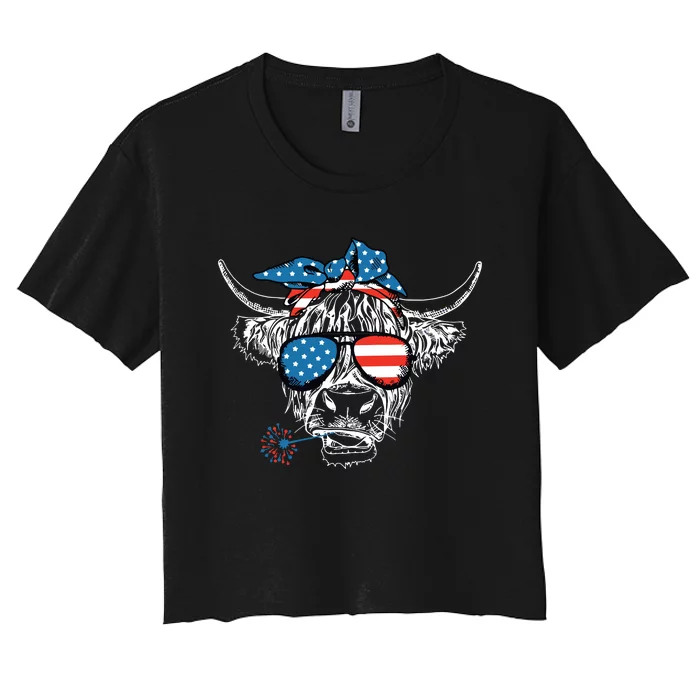 4th Of July Highland Cow Cow Lover Women's Crop Top Tee