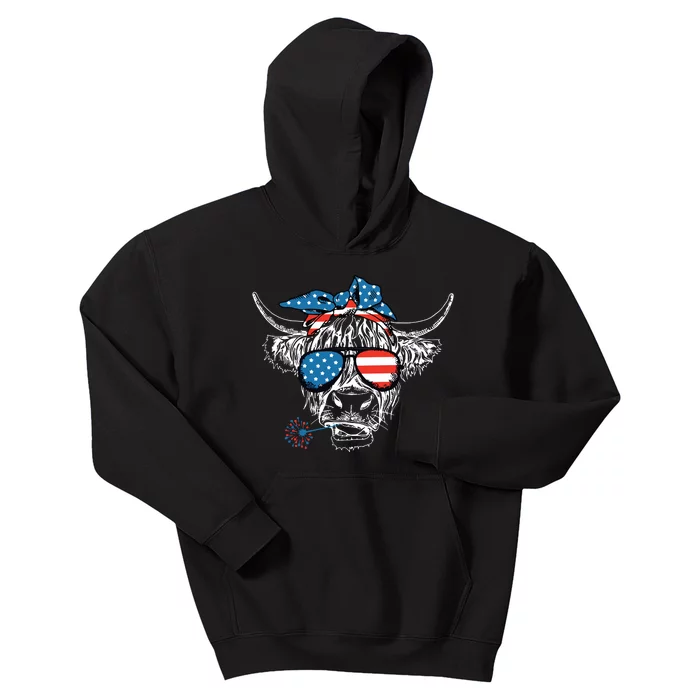 4th Of July Highland Cow Cow Lover Kids Hoodie