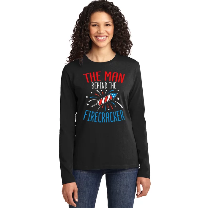 4th Of July Baby Shower The Man Behind The Firecracker Ladies Long Sleeve Shirt