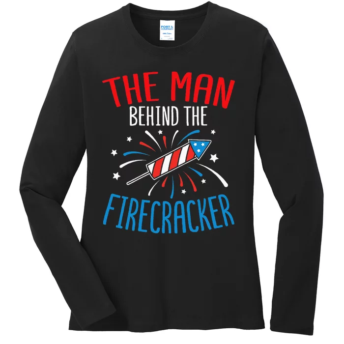 4th Of July Baby Shower The Man Behind The Firecracker Ladies Long Sleeve Shirt