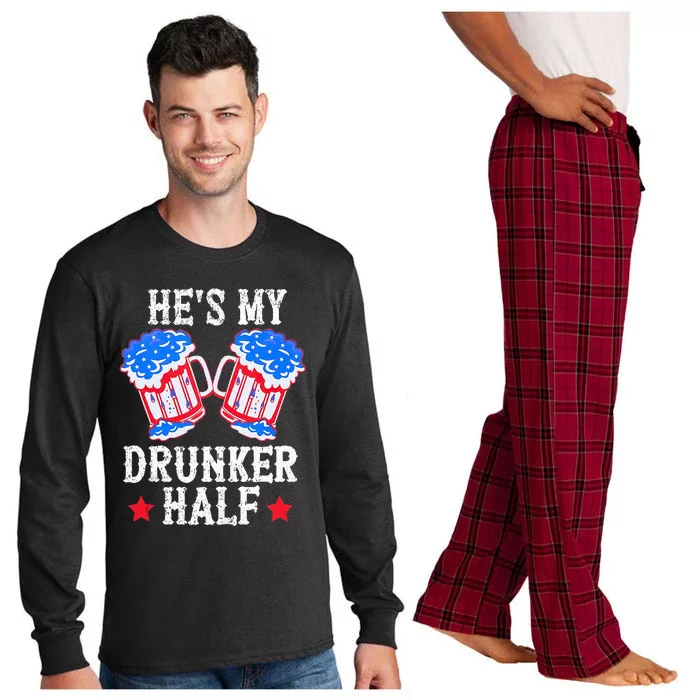 4th of July Matching Couple He's Is My Drunker Half Long Sleeve Pajama Set