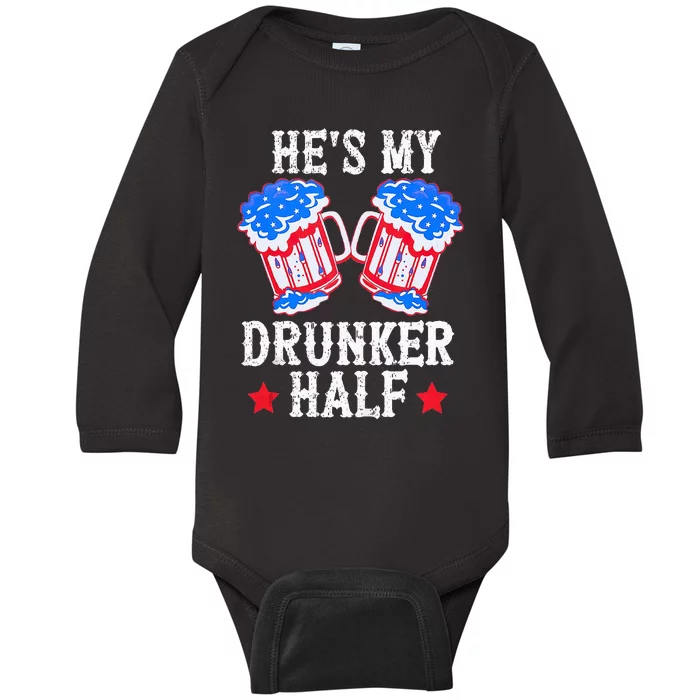 4th of July Matching Couple He's Is My Drunker Half Baby Long Sleeve Bodysuit