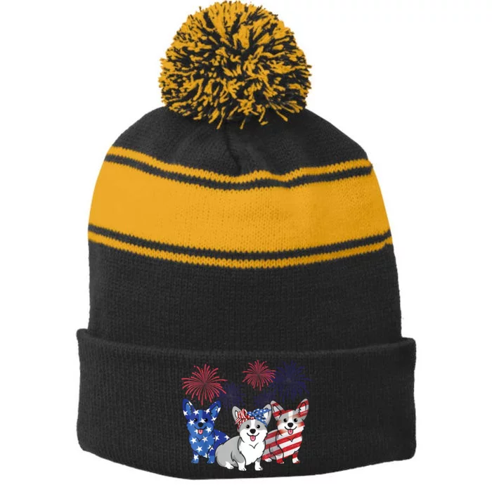 4th Of July American Flag Corgi Patriotic Dog Men Womens Stripe Pom Pom Beanie