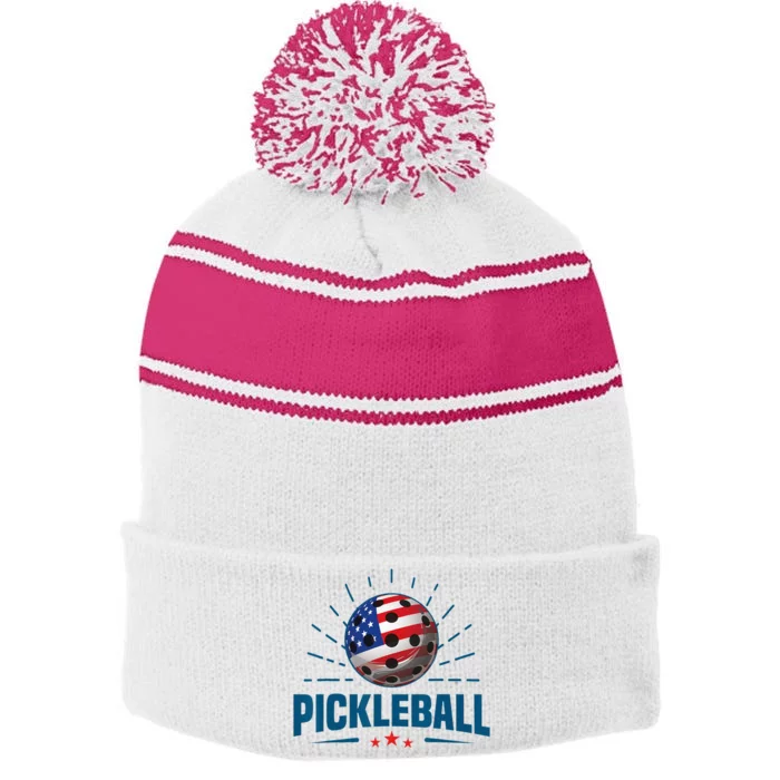 4th Of July Patriotic American Flag Pickleball Lover Stripe Pom Pom Beanie