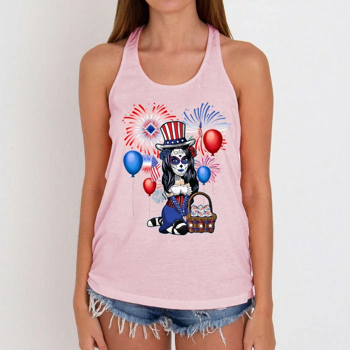 4th Of July Cute Anime Sugar Skull Ga Teen Gift Women's Knotted Racerback Tank