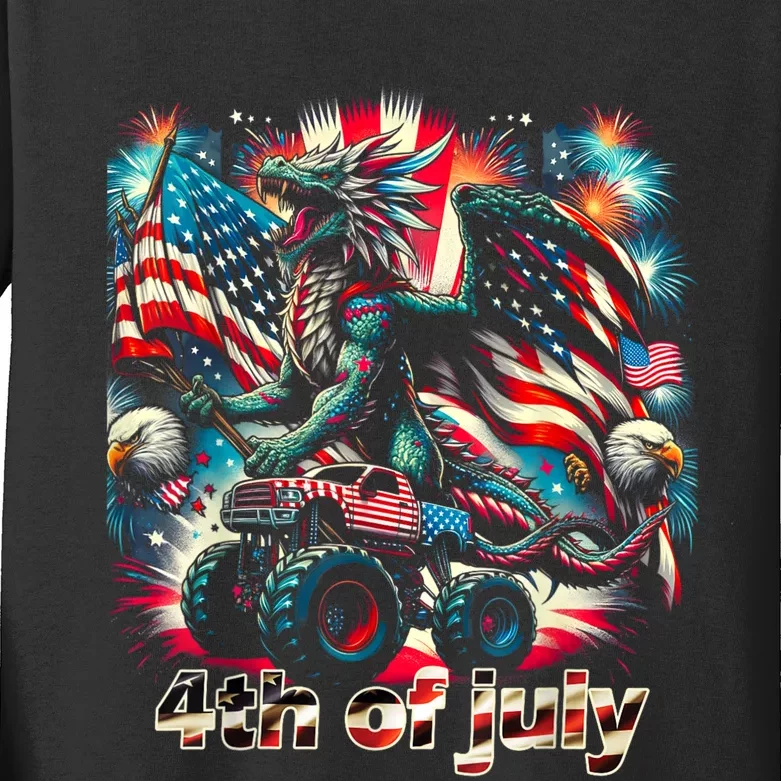 4th Of July Dragon Monster Truck Bald Eagle American Flag Kids Long Sleeve Shirt