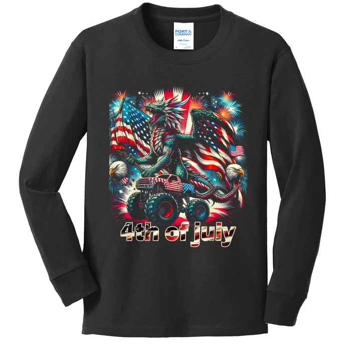 4th Of July Dragon Monster Truck Bald Eagle American Flag Kids Long Sleeve Shirt