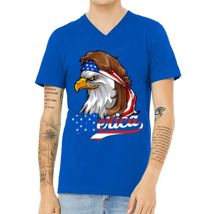 4th Of July Eagle Mullet Merica American Flag Usa Vintage Gift V-Neck T-Shirt