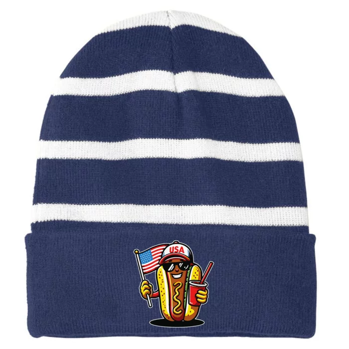 4th Of July Hotdog Funny Fourth Of July Patriotic Usa Flag Striped Beanie with Solid Band