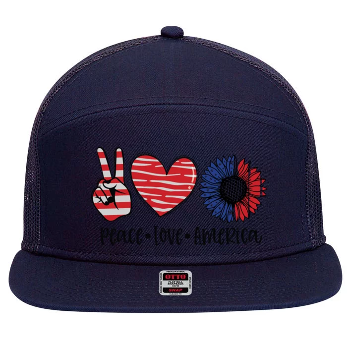 4th Of July Usa Flag Peace Love America Funny Gift 7 Panel Mesh Trucker Snapback Hat