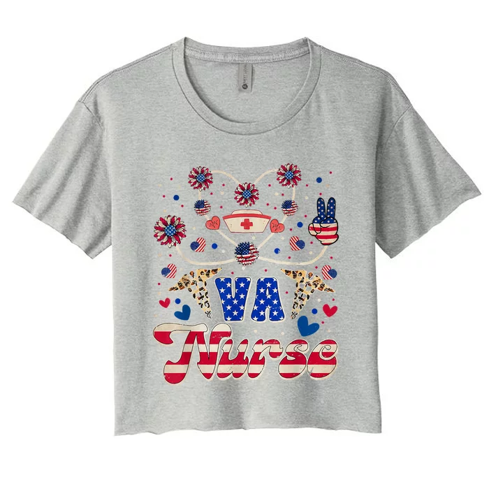 4th Of July Va Nurse American Flag Sunflower Stethoscope Women's Crop Top Tee