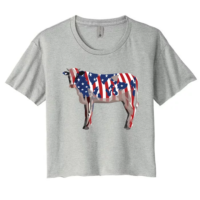 4th Of July Cow Farm American Flag Usa Vintage Cute Gift Women's Crop Top Tee