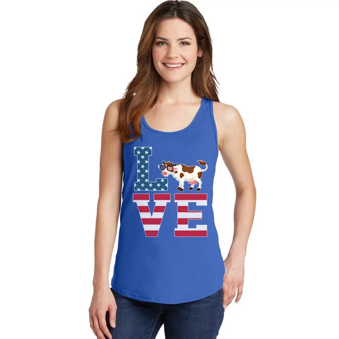 4th Of July Decor Patriotic Love Cow American Flag Cute Gift Ladies Essential Tank