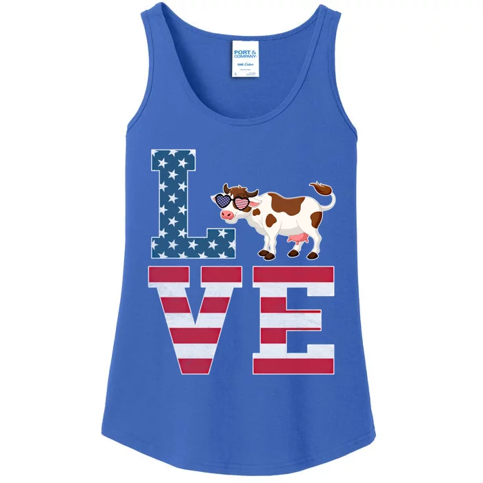 4th Of July Decor Patriotic Love Cow American Flag Cute Gift Ladies Essential Tank