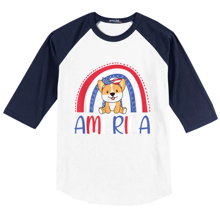 4th Of July American Corgi For Kids USA Rainbow Dog Baseball Sleeve Shirt