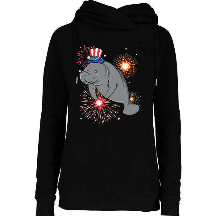 4th Of July Manatee Marine Biologist Patriotic Fireworks Womens Funnel Neck Pullover Hood