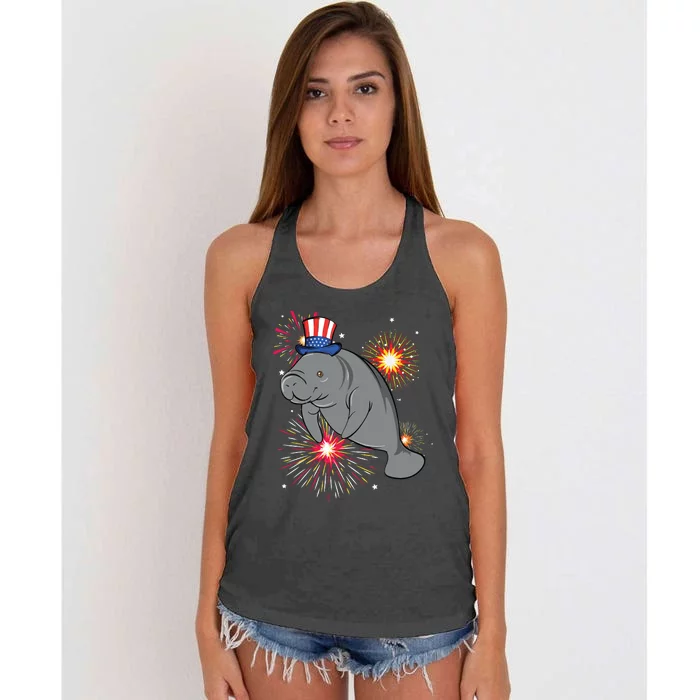 4th Of July Manatee Marine Biologist Patriotic Fireworks Women's Knotted Racerback Tank