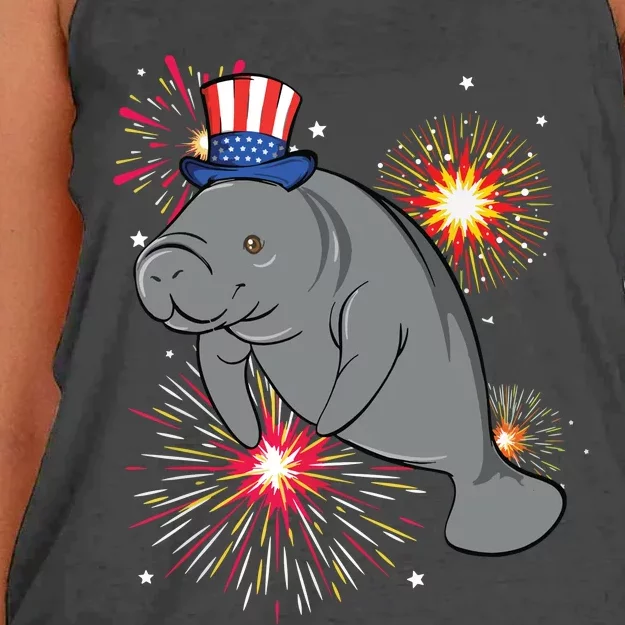 4th Of July Manatee Marine Biologist Patriotic Fireworks Women's Knotted Racerback Tank