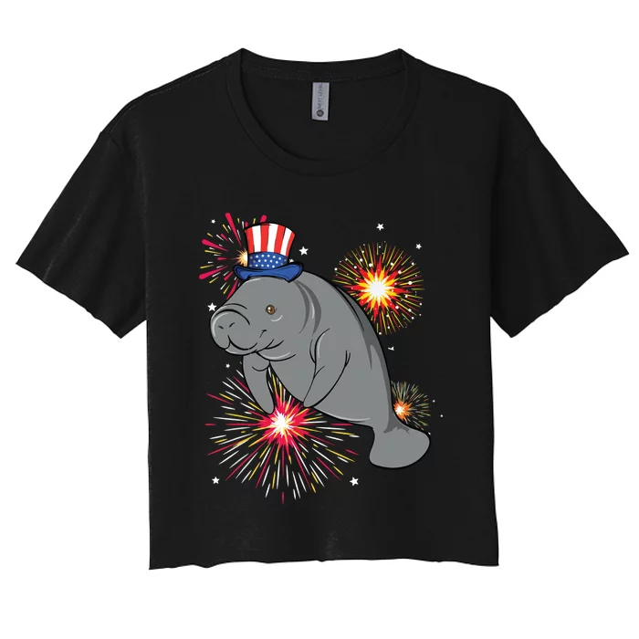 4th Of July Manatee Marine Biologist Patriotic Fireworks Women's Crop Top Tee