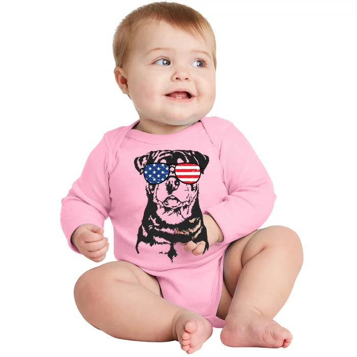 4th Of July Rottweiler Rottie Dog Patriotic USA Sunglasses Baby Long Sleeve Bodysuit