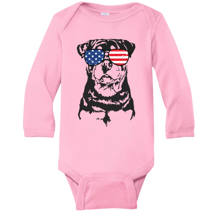 4th Of July Rottweiler Rottie Dog Patriotic USA Sunglasses Baby Long Sleeve Bodysuit